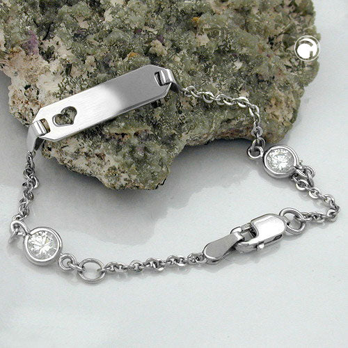 Schildarmband für Kinder 1,7mm Ankerkette mit Herz und 2 Zirkonias rhodiniert Silber 925 15cm
