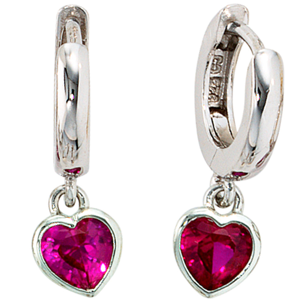 Kinder Creolen Herz 925 Sterling Silber 2 Zirkonia rot Ohrringe Kinderohrringe