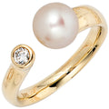Damen Ring 585 Gold Gelbgold 1 Süßwasser Perle 1 Diamant Brillant Perlenring