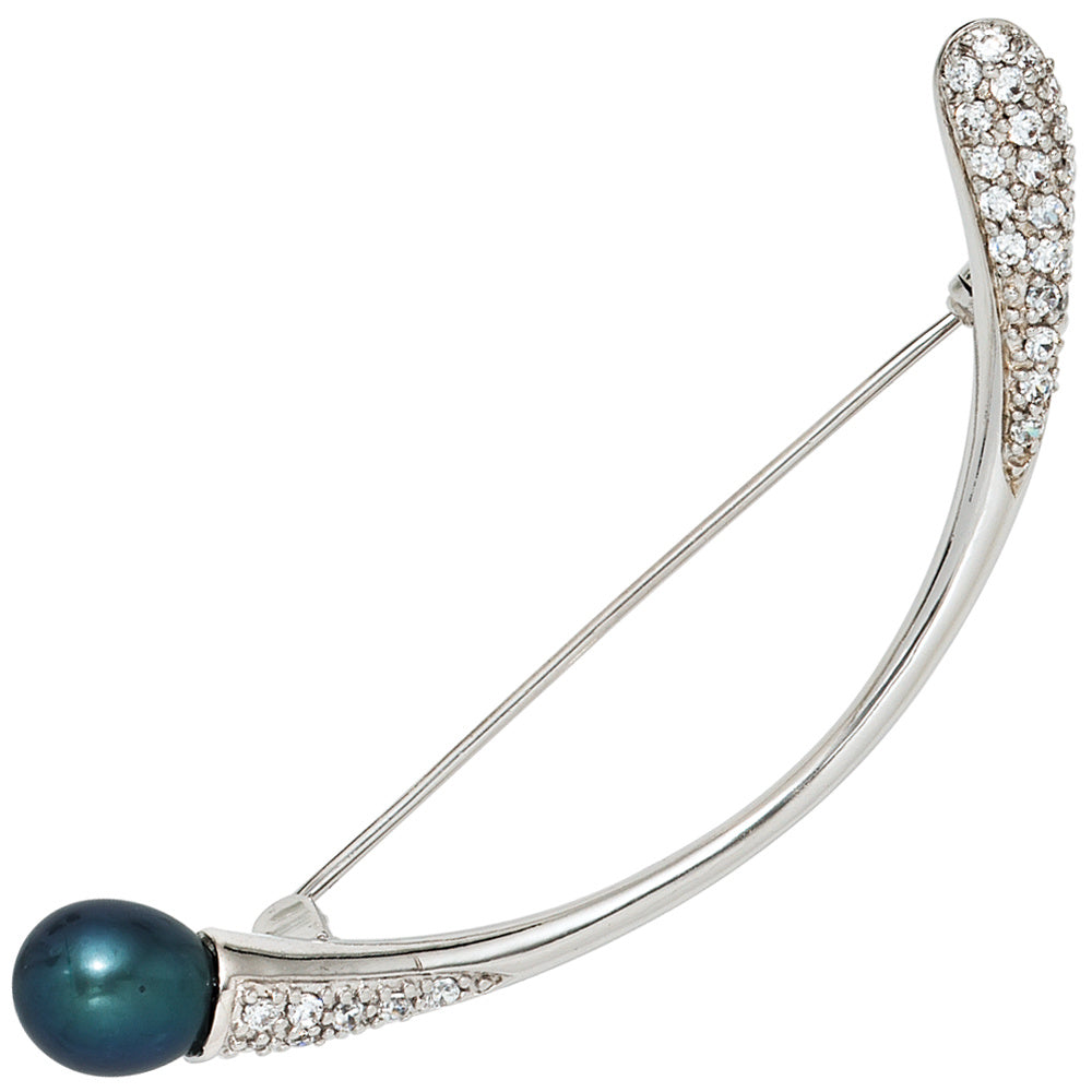 Brosche 925 Sterling Silber rhodiniert 29 Zirkonia Silberbrosche Perlenbrosche