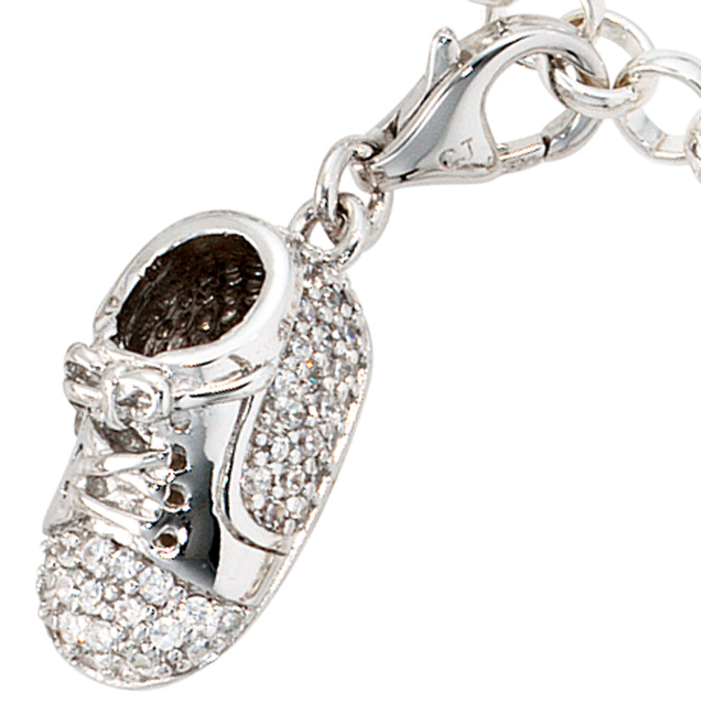 Einhänger Charm Babyschuh 925 Sterling Silber rhodiniert mit 76 Zirkonia