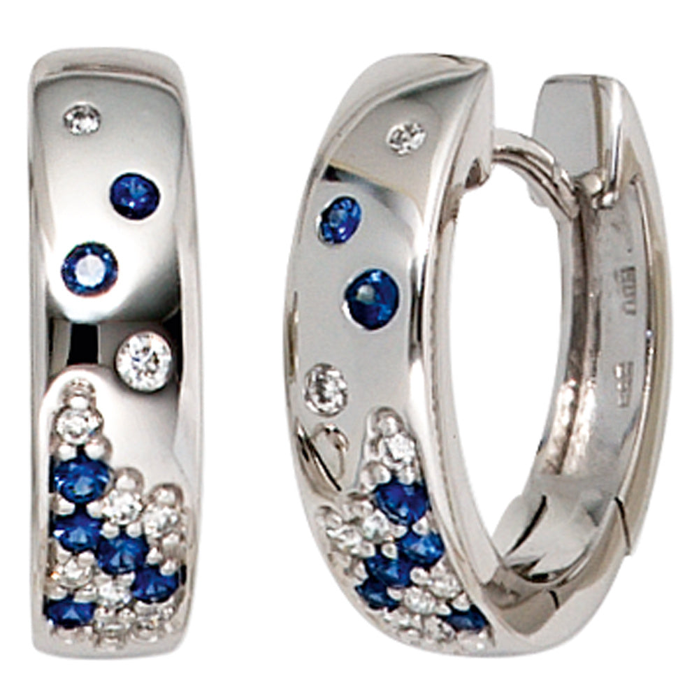 Creolen 585 Gold Weißgold 18 Diamanten Brillanten 14 Saphire blau Ohrringe