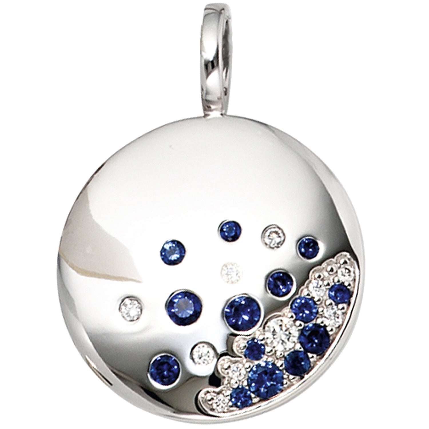 Anhänger rund 585 Gold Weißgold 10 Diamanten Brillanten 0,10ct. 14 blaue Saphire