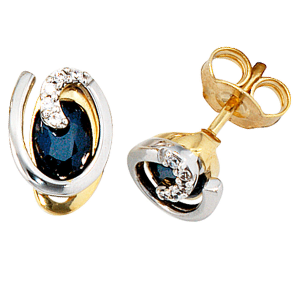 Ohrstecker 585 Gold Gelbgold Weißgold 10 Diamanten 2 Saphire blau Ohrringe