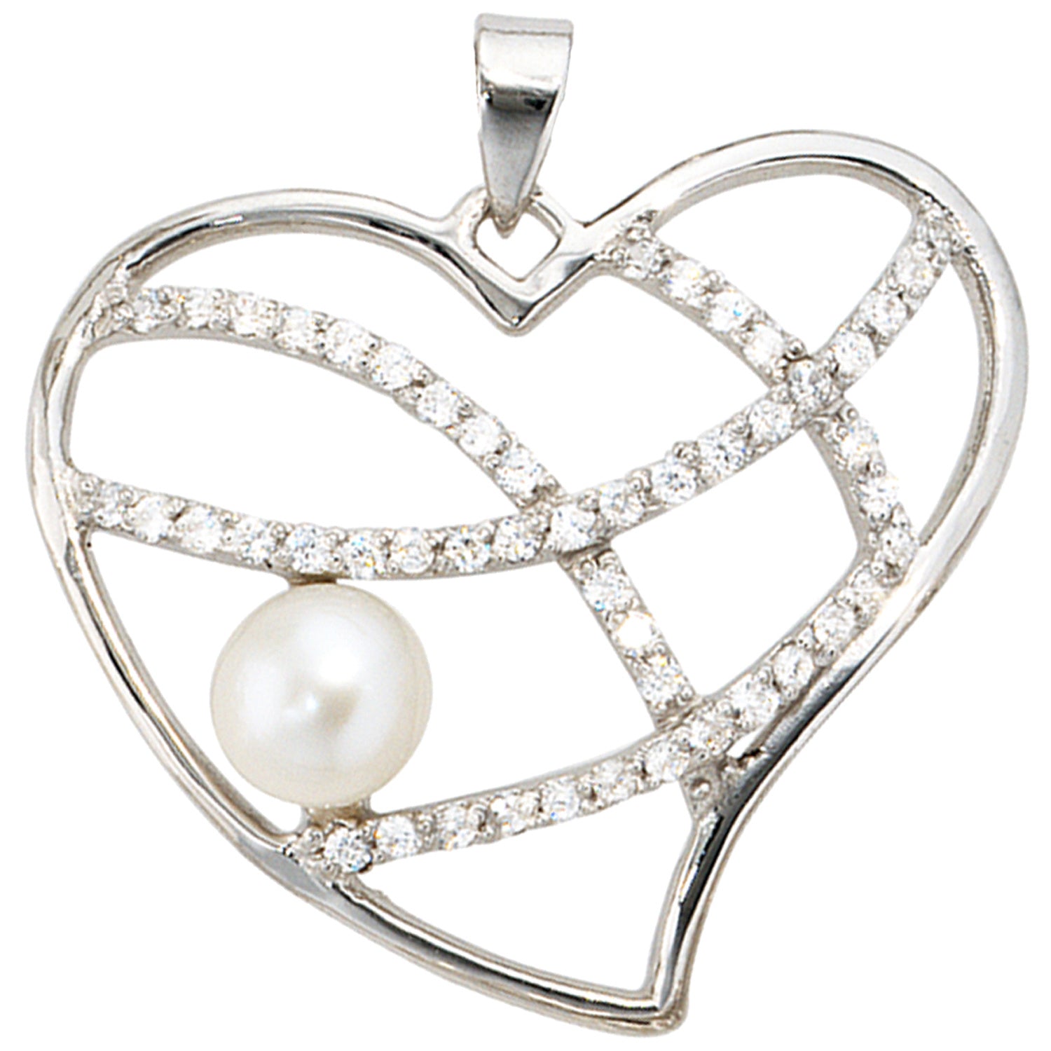 Anhänger Herz 925 Sterling Silber 1 Süßwasser Perle 50 Zirkonia Perlenanhänger