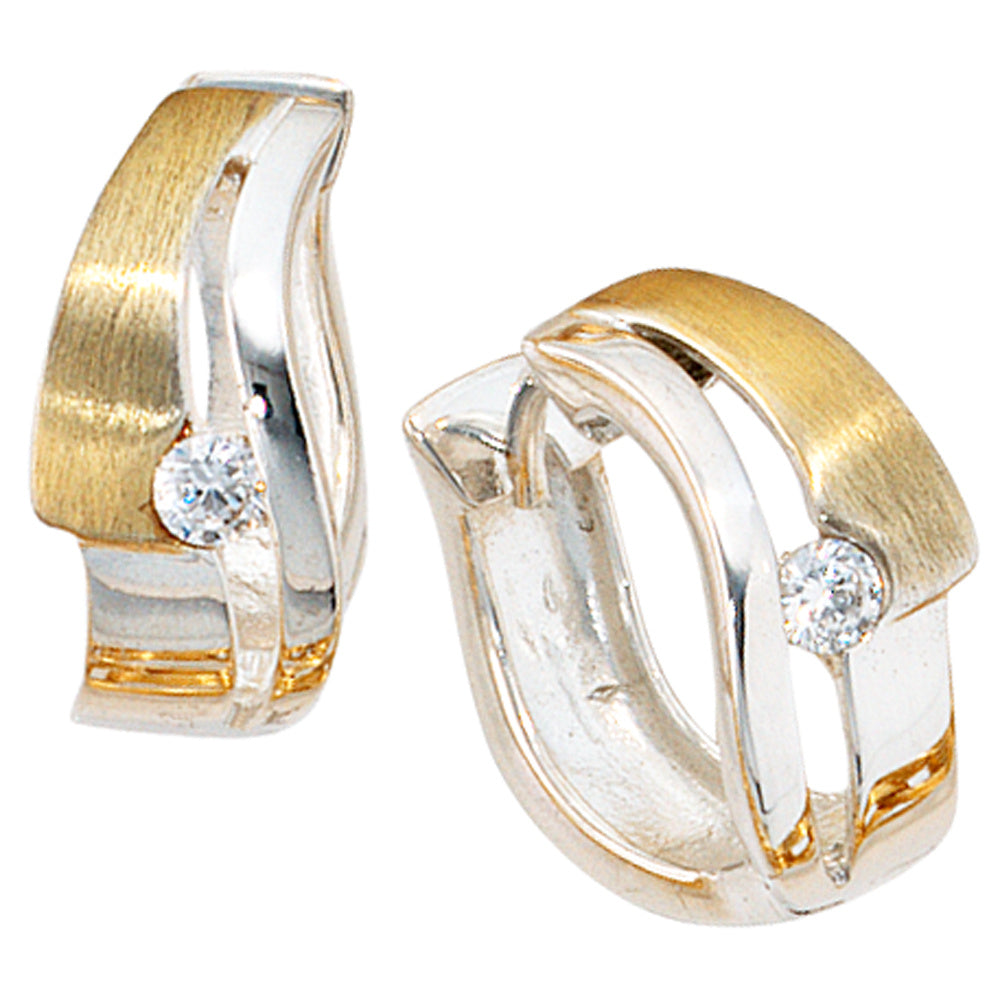 Creolen 925 Sterling Silber bicolor vergoldet mattiert 2 Zirkonia Ohrringe