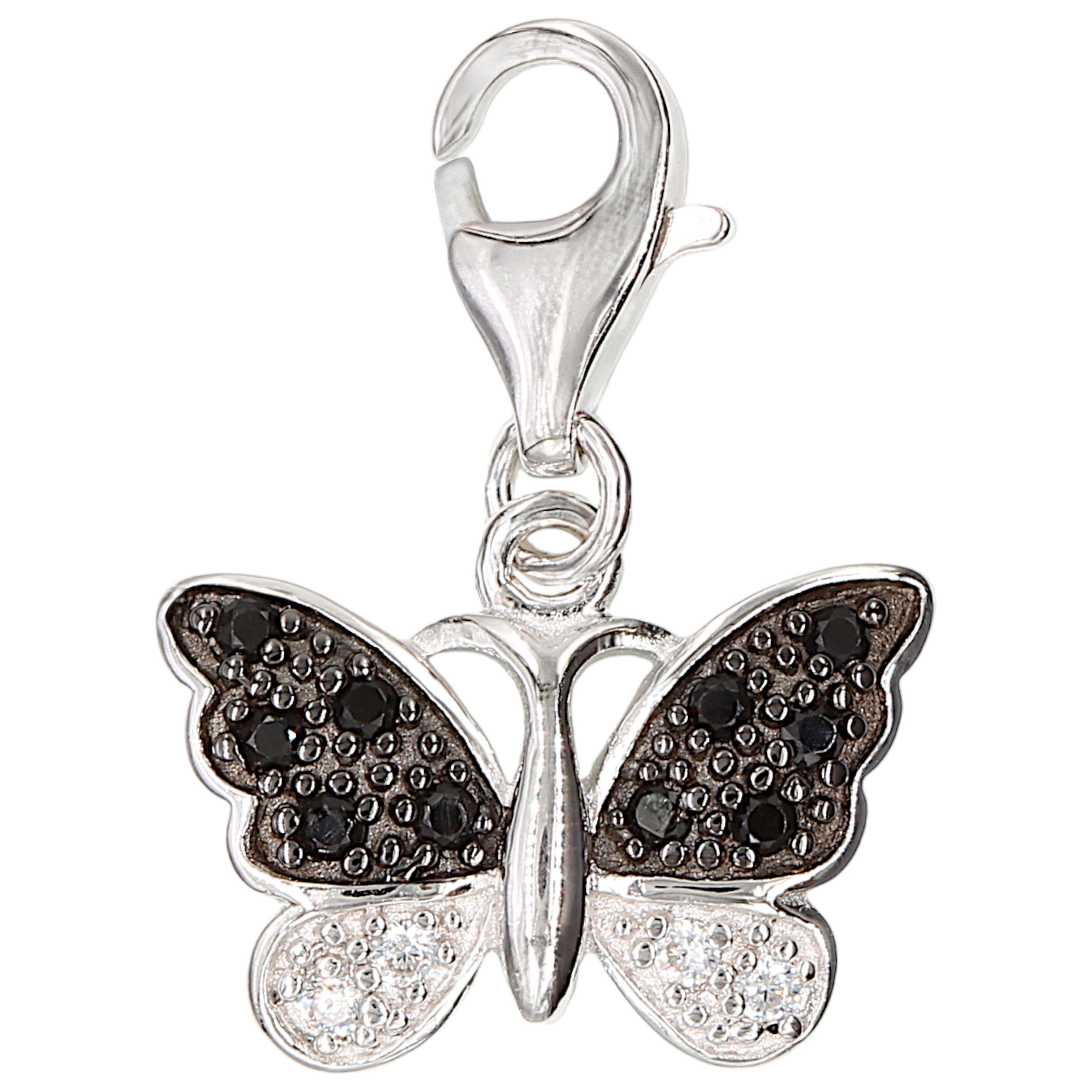 Einhänger Charm Schmetterling 925 Sterling Silber mit 14 Zirkonia scharz weiß