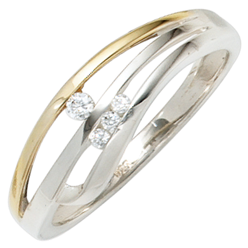 Damen Ring 925 Sterling Silber bicolor vergoldet 4 Zirkonia Silberring