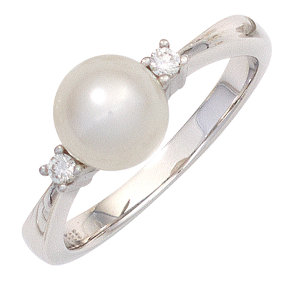 Damen Ring 585 Gold Weißgold 1 Süßwasser Perle 2 Diamanten Brillanten Perlenring