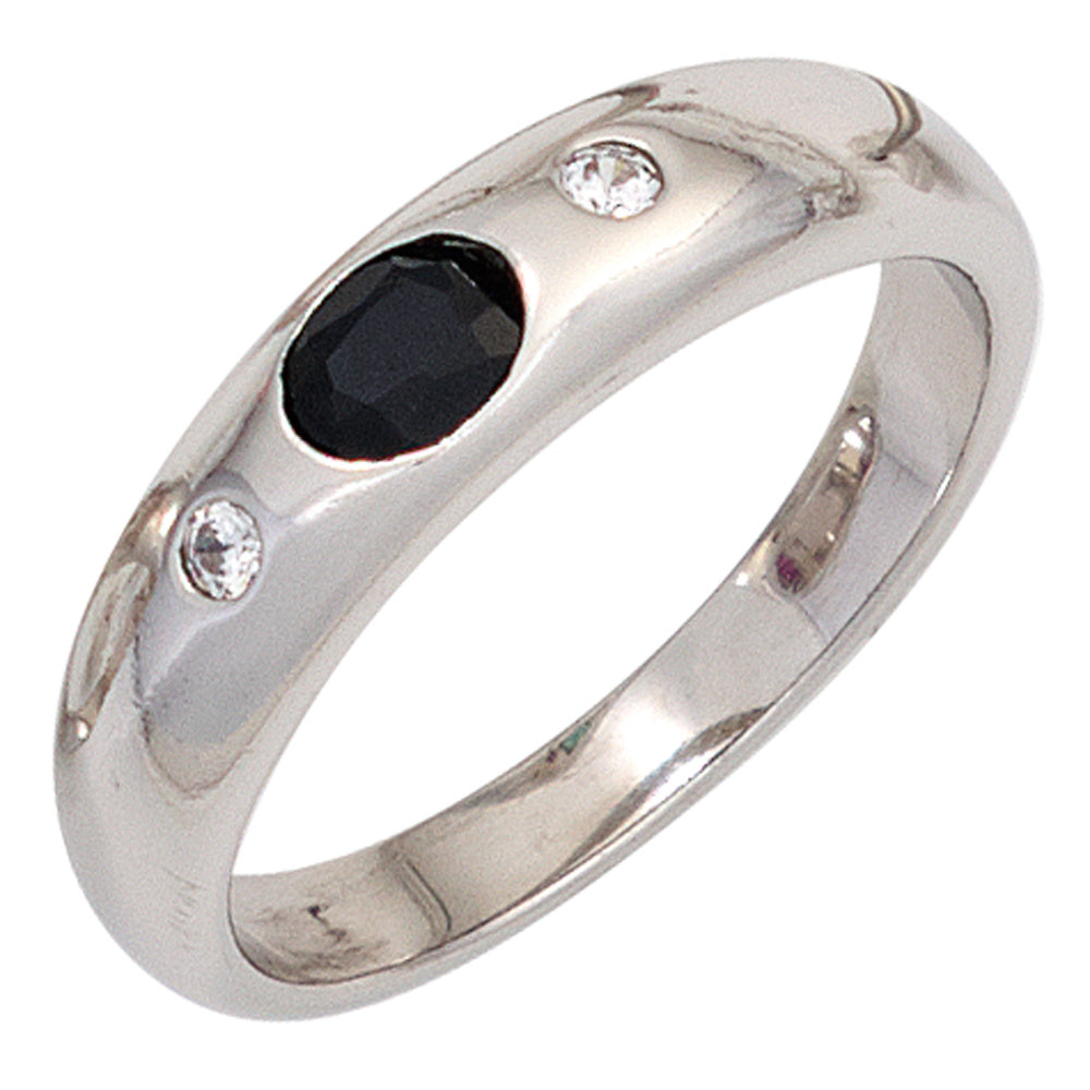 Damen Ring 925 Sterling Silber rhodiniert 1 Safir blau 2 Zirkonia Silberring