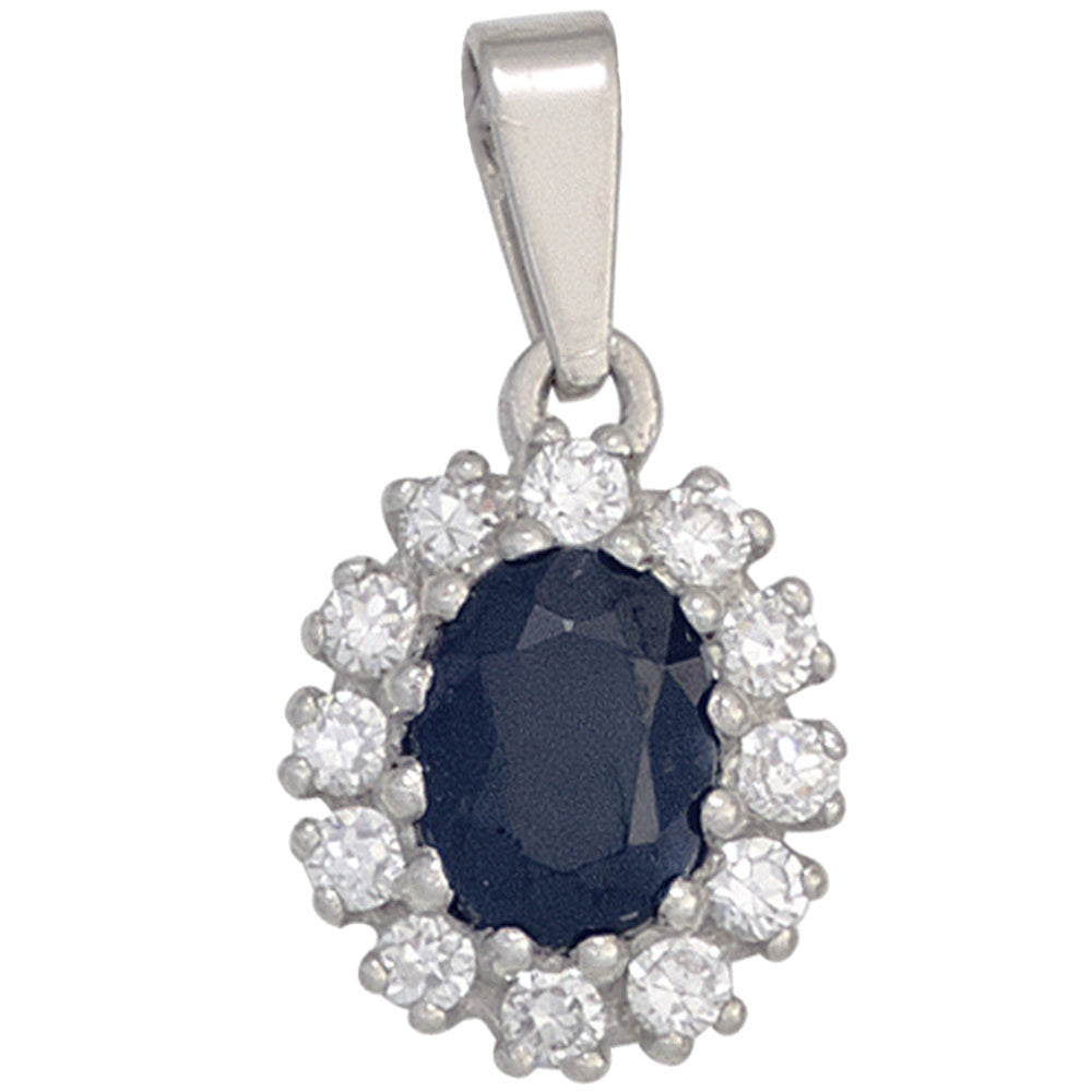Anhänger 925 Sterling Silber rhodiniert 12 Zirkonia 1 Saphir blau