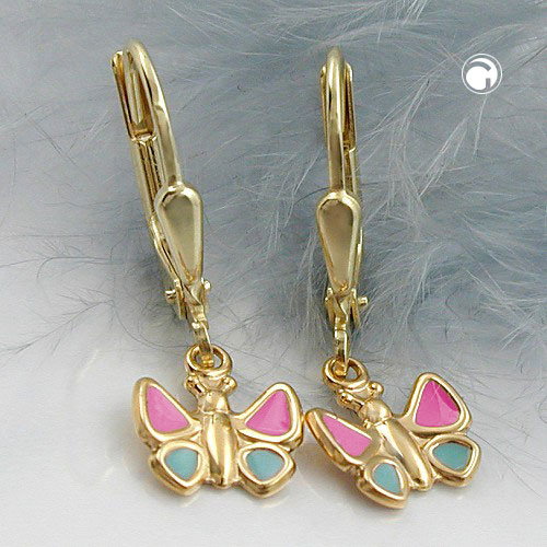Ohrbrisur Ohrhänger Ohrringe 22x7mm Schmetterling hellblau-pink 9Kt GOLD