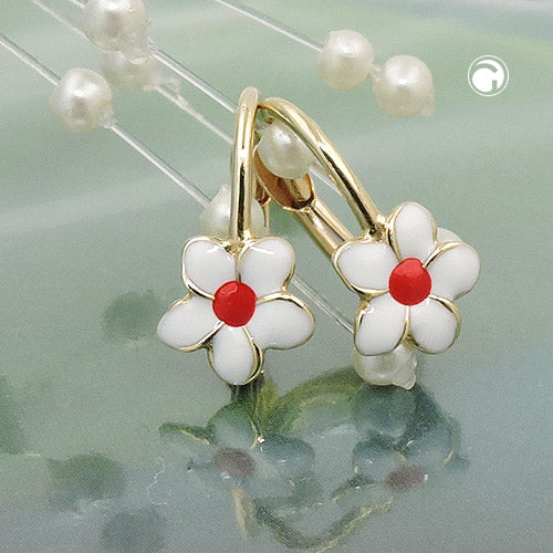 Ohrbrisur Ohrringe 13x7mm Blume weiß-rot emailliert 9Kt GOLD