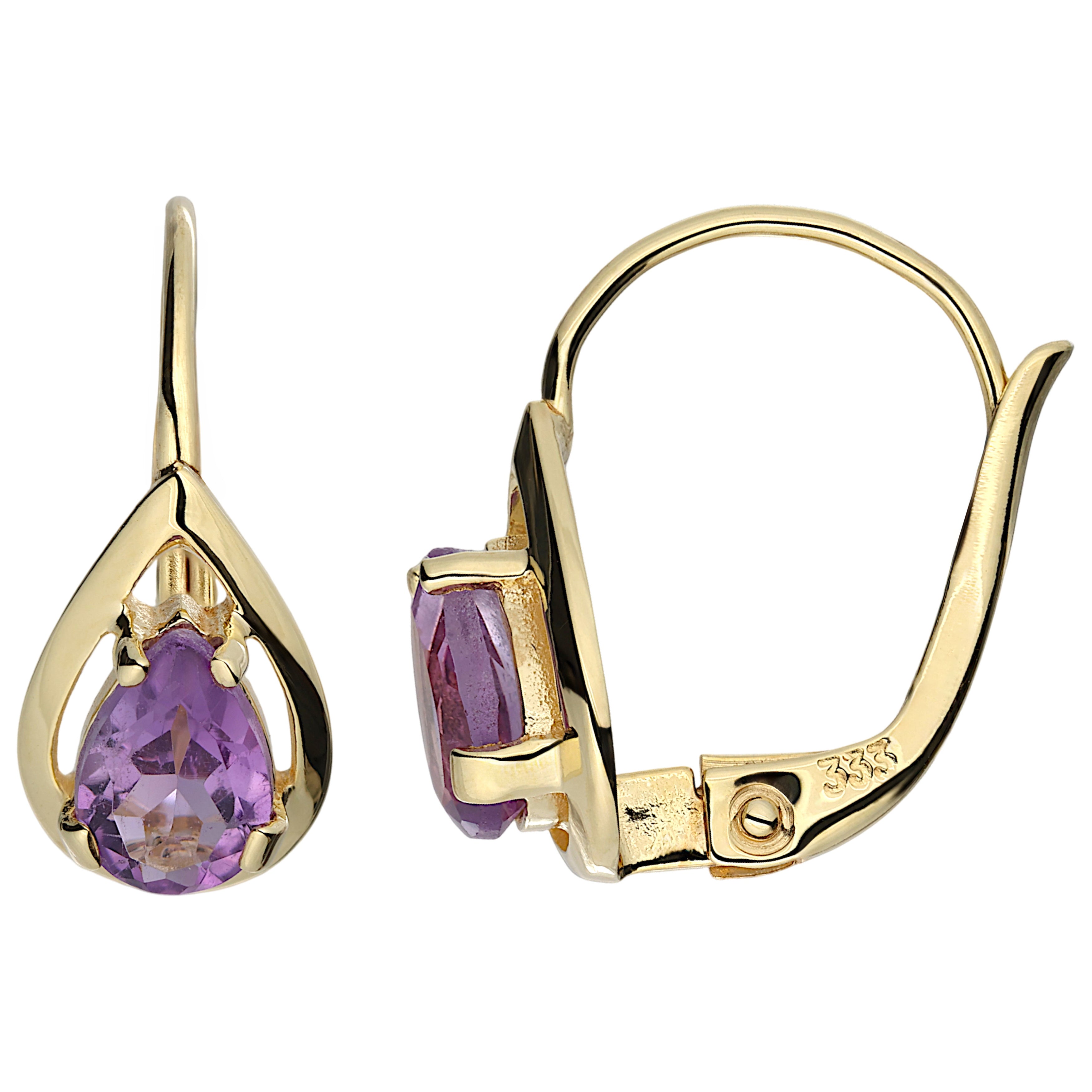 Boutons Tropfen 333 Gold Gelbgold 2 Amethyste lila violett Ohrringe Ohrhänger