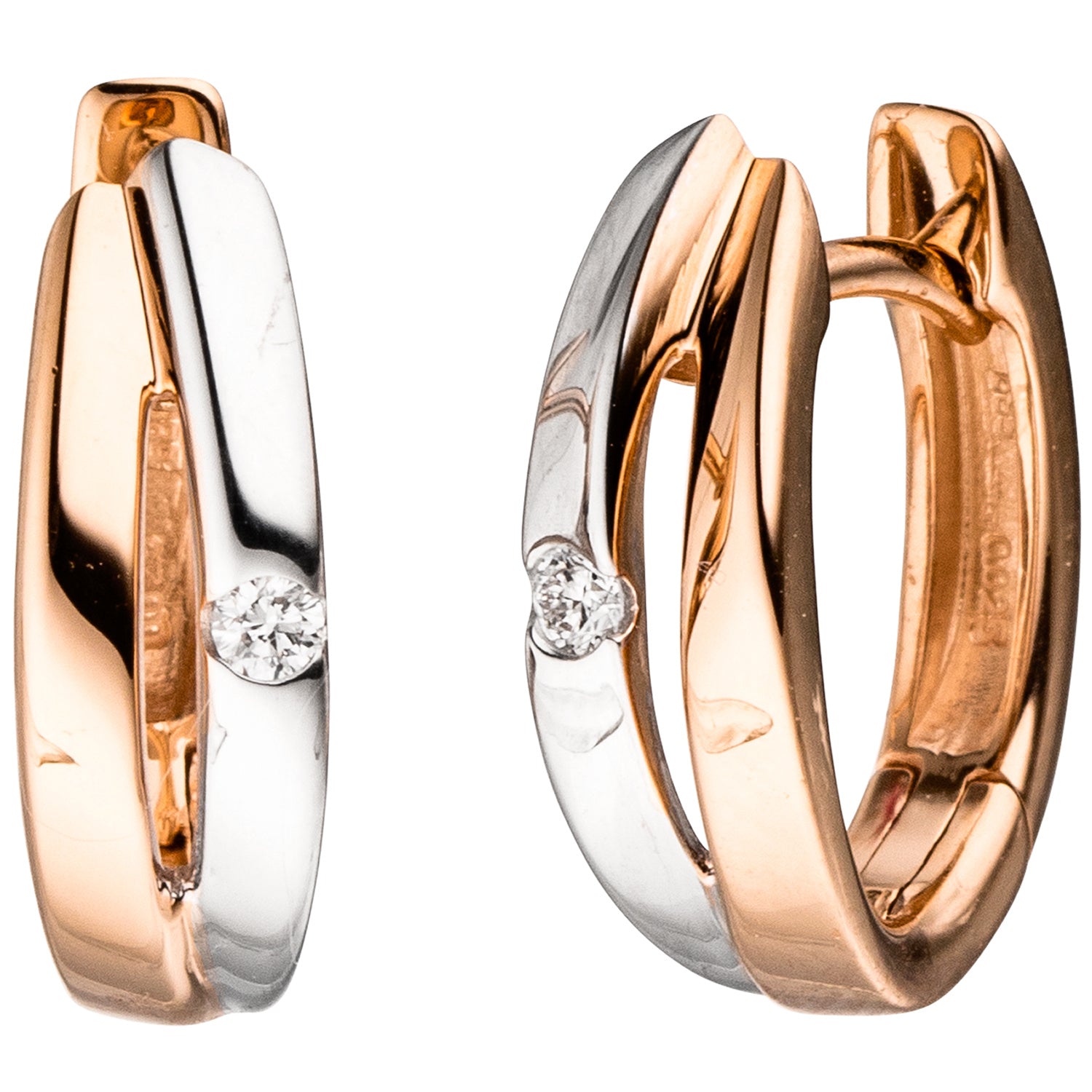 Creolen 585 Gold Rotgold bicolor 2 Diamanten Brillanten Ohrringe Goldcreolen