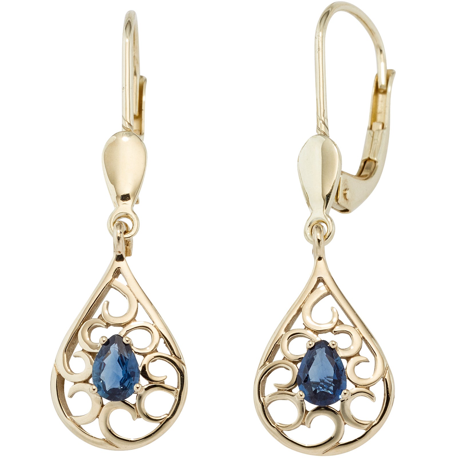 Boutons Tropfen 585 Gold Gelbgold 2 Saphire blau Ohrringe Ohrhänger Goldohrringe