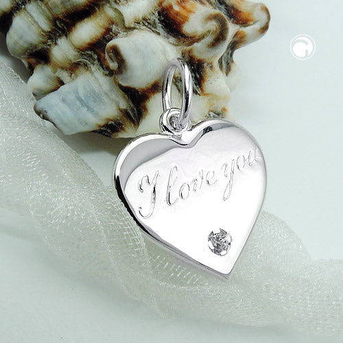 Anhänger 16mm Herz mit Schriftzug - I love you- und Zirkonia glänzend Silber 925