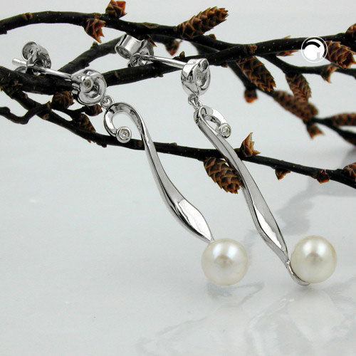 Ohrstecker Ohrring 34x6mm Ohrhänger mit Zuchtperle 6mm und Zirkonia rhodiniert Silber 925