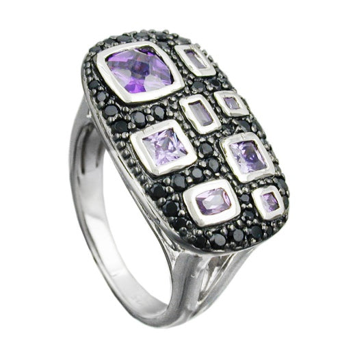 Ring 13x22mm mit Zirkonias lila-schwarz glänzend rhodiniert Silber 925