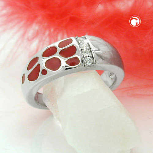 Ring 7mm rote Lackeinlage 4 Zirkonias glänzend rhodiniert Silber 925