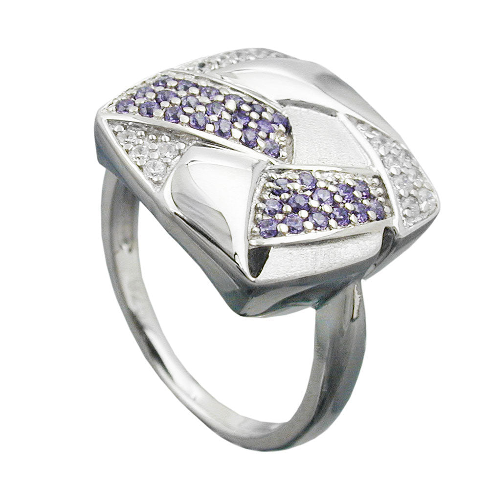 Ring 16x16mm mit Zirkonias lila-weiß matt-glänzend rhodiniert Silber 925